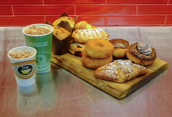 array of pastries, donuts and coffee at Mr. Lucky's