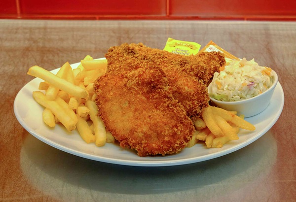 fried chicken, fries and coleslaw at Mr. Lucky's