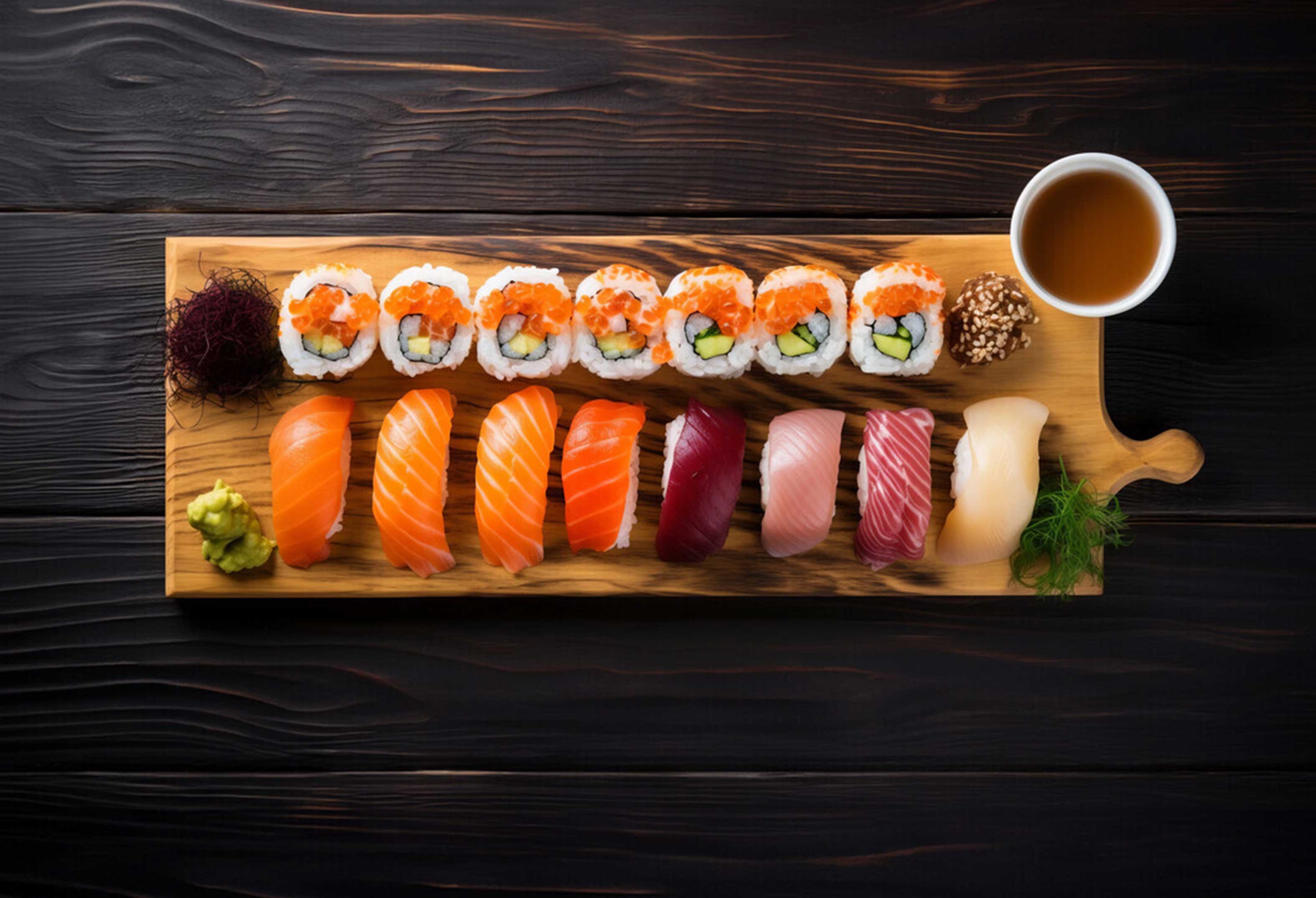 sushi roll and hand roll on a platter with sauce